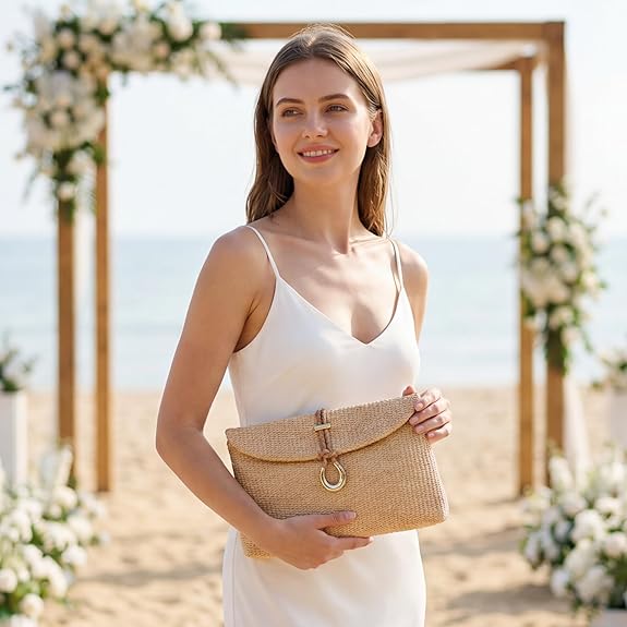 Women's Raffia Woven Clutch Purse, Boho Summer Beach Crossbody Handbag with Detachable Strap, Ideal for Vacation and Casual Outings