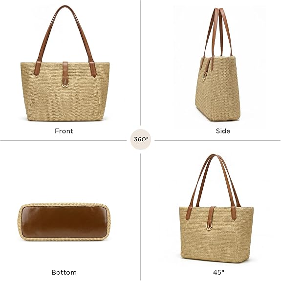 Women's Raffia Woven Straw Beach Tote Bag, Boho Summer Resort Shoulder Bag with Leather Handles, Ideal for Vacation and Daily Outings