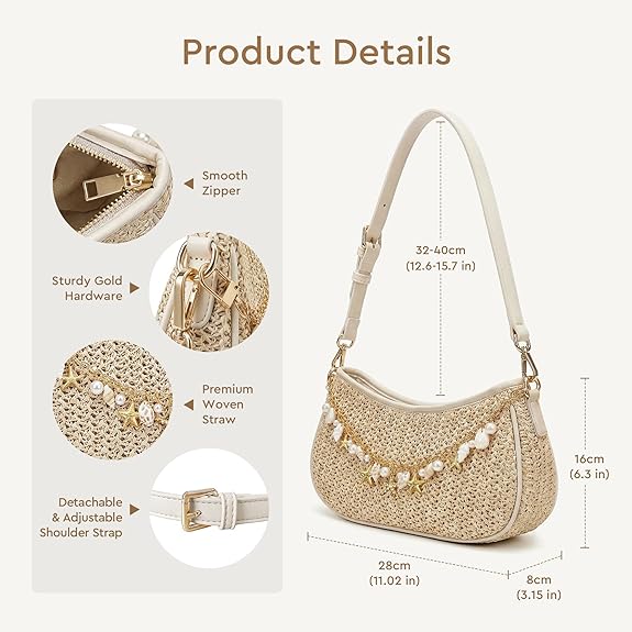 Women's Boho Raffia Woven Shoulder Bag, Straw Hobo Purse with Decorative Charm Chain, Adjustable Strap Design Perfect for Summer Beach & Vacation