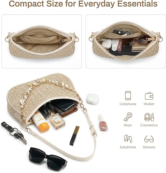 Women's Boho Raffia Woven Shoulder Bag, Straw Hobo Purse with Decorative Charm Chain, Adjustable Strap Design Perfect for Summer Beach & Vacation
