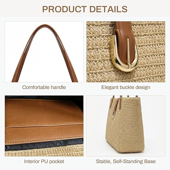 Women's Raffia Woven Straw Beach Tote Bag, Boho Summer Resort Shoulder Bag with Leather Handles, Ideal for Vacation and Daily Outings