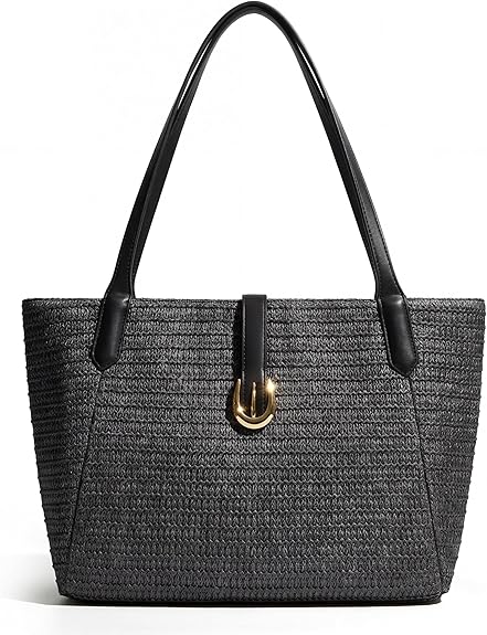 Women's Raffia Woven Straw Beach Tote Bag, Boho Summer Resort Shoulder Bag with Leather Handles, Ideal for Vacation and Daily Outings