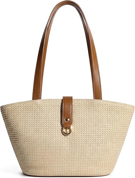 Women's Woven Raffia Straw Tote Bag, Boho Beach Shoulder Purse with PU Handle, Summer Resort Vacation Casual Handbag