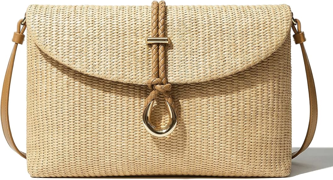 Women's Raffia Woven Clutch Purse, Boho Summer Beach Crossbody Handbag with Detachable Strap, Ideal for Vacation and Casual Outings