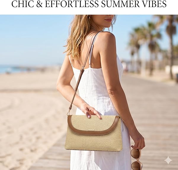 Women's Straw Crossbody Bag, Woven Shoulder Purse with Adjustable Strap, Boho Summer Beach Vacation Resort Handbag