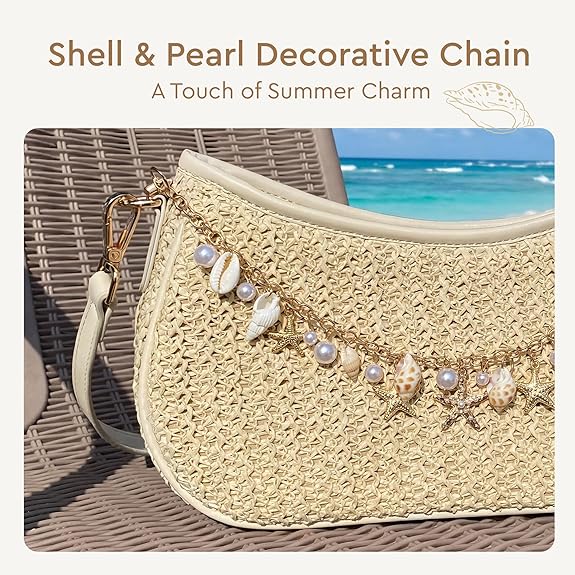 Women's Boho Raffia Woven Shoulder Bag, Straw Hobo Purse with Decorative Charm Chain, Adjustable Strap Design Perfect for Summer Beach & Vacation
