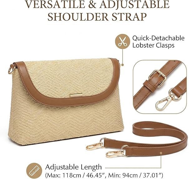 Women's Straw Crossbody Bag, Woven Shoulder Purse with Adjustable Strap, Boho Summer Beach Vacation Resort Handbag