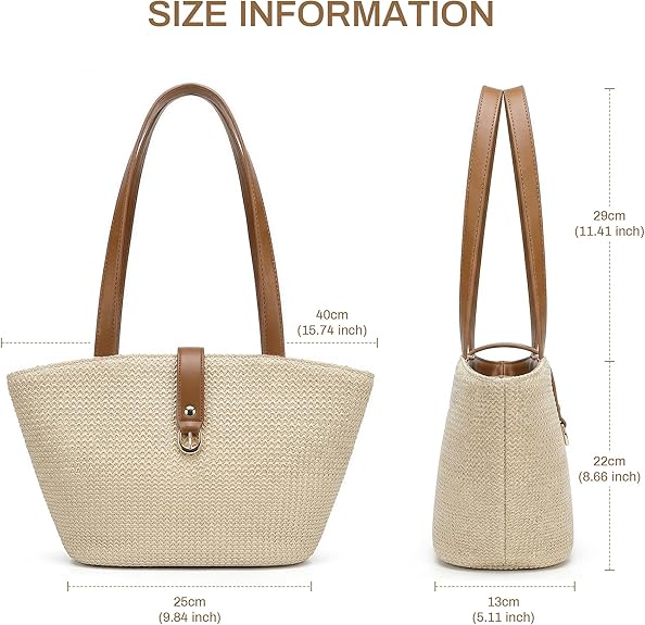 Women's Woven Raffia Straw Tote Bag, Boho Beach Shoulder Purse with PU Handle, Summer Resort Vacation Casual Handbag