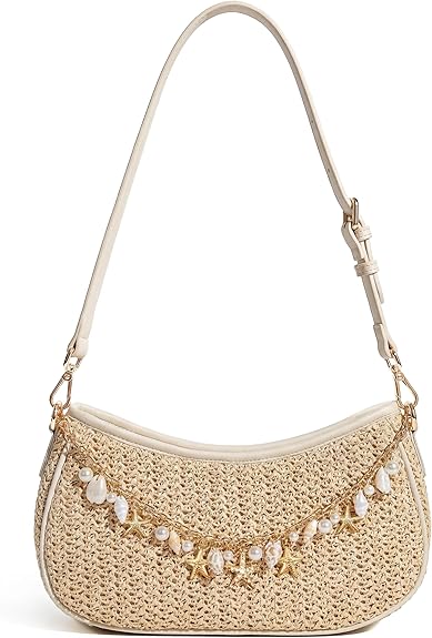Women's Boho Raffia Woven Shoulder Bag, Straw Hobo Purse with Decorative Charm Chain, Adjustable Strap Design Perfect for Summer Beach & Vacation