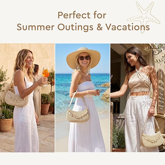 Women's Boho Raffia Woven Shoulder Bag, Straw Hobo Purse with Decorative Charm Chain, Adjustable Strap Design Perfect for Summer Beach & Vacation