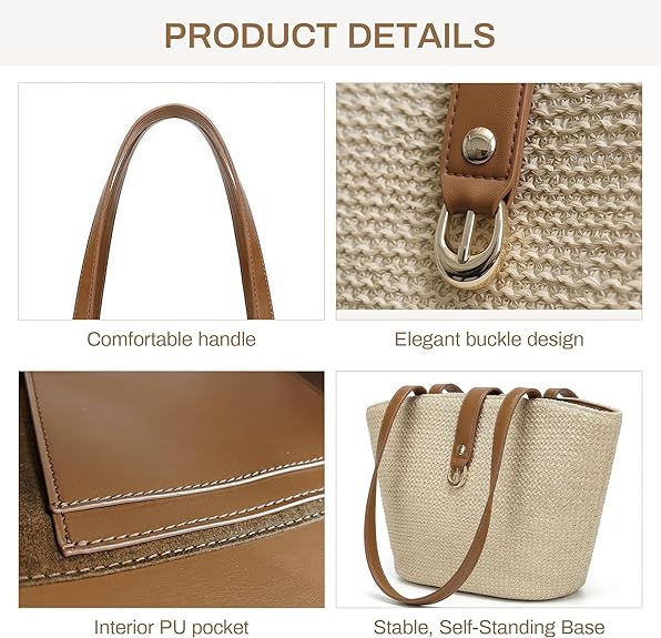 Women's Woven Raffia Straw Tote Bag, Boho Beach Shoulder Purse with PU Handle, Summer Resort Vacation Casual Handbag
