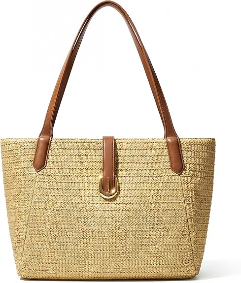 Women's Raffia Woven Straw Beach Tote Bag, Boho Summer Resort Shoulder Bag with Leather Handles, Ideal for Vacation and Daily Outings