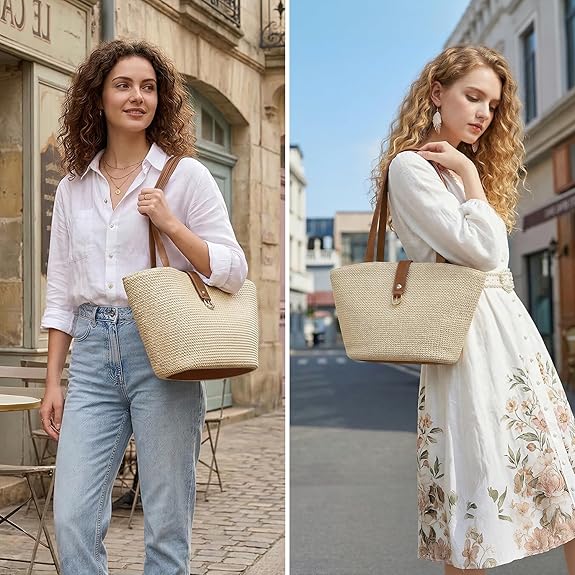 Women's Woven Raffia Straw Tote Bag, Boho Beach Shoulder Purse with PU Handle, Summer Resort Vacation Casual Handbag